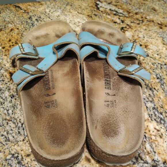Birkenstock Yao Washed Metallic Aqua Blue Leather Sandals Women's Size 41 US 10 - Picture 11 of 13